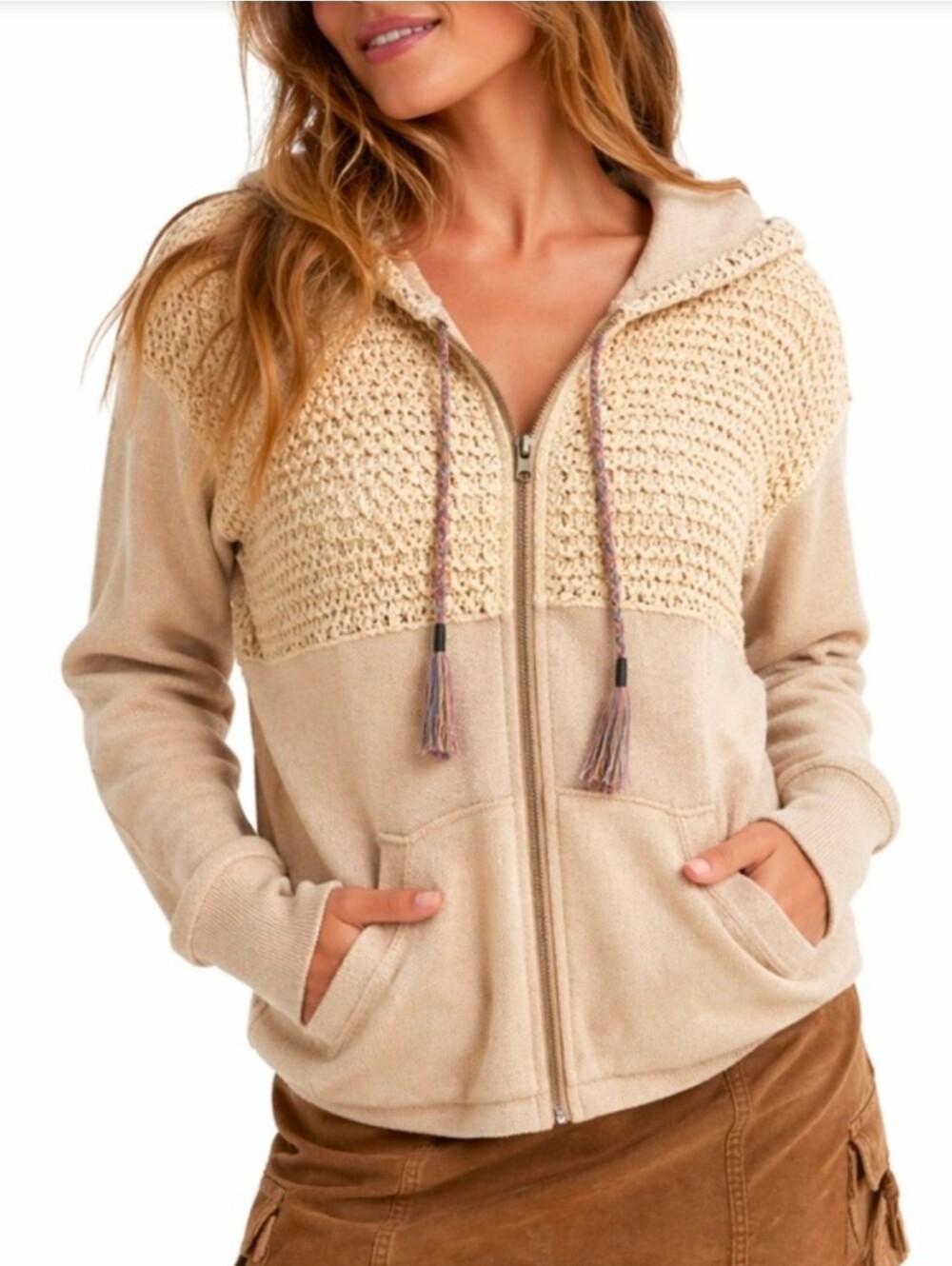 Roxy Cream Crochet Zip Hoodie with Colorful Braided Drawcords Size S